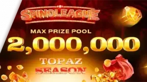 Изображение, рекламирующее турнир Spinoleague Topaz Season в Kraken с призовым фондом в 2 миллиона евро на фоне огненной сцены.